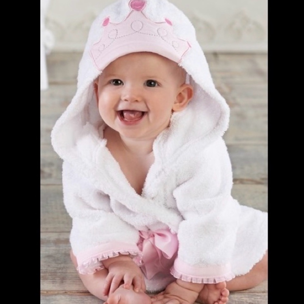Baby aspen Cozy White Hooded Baby Robe with Pink Princess crown